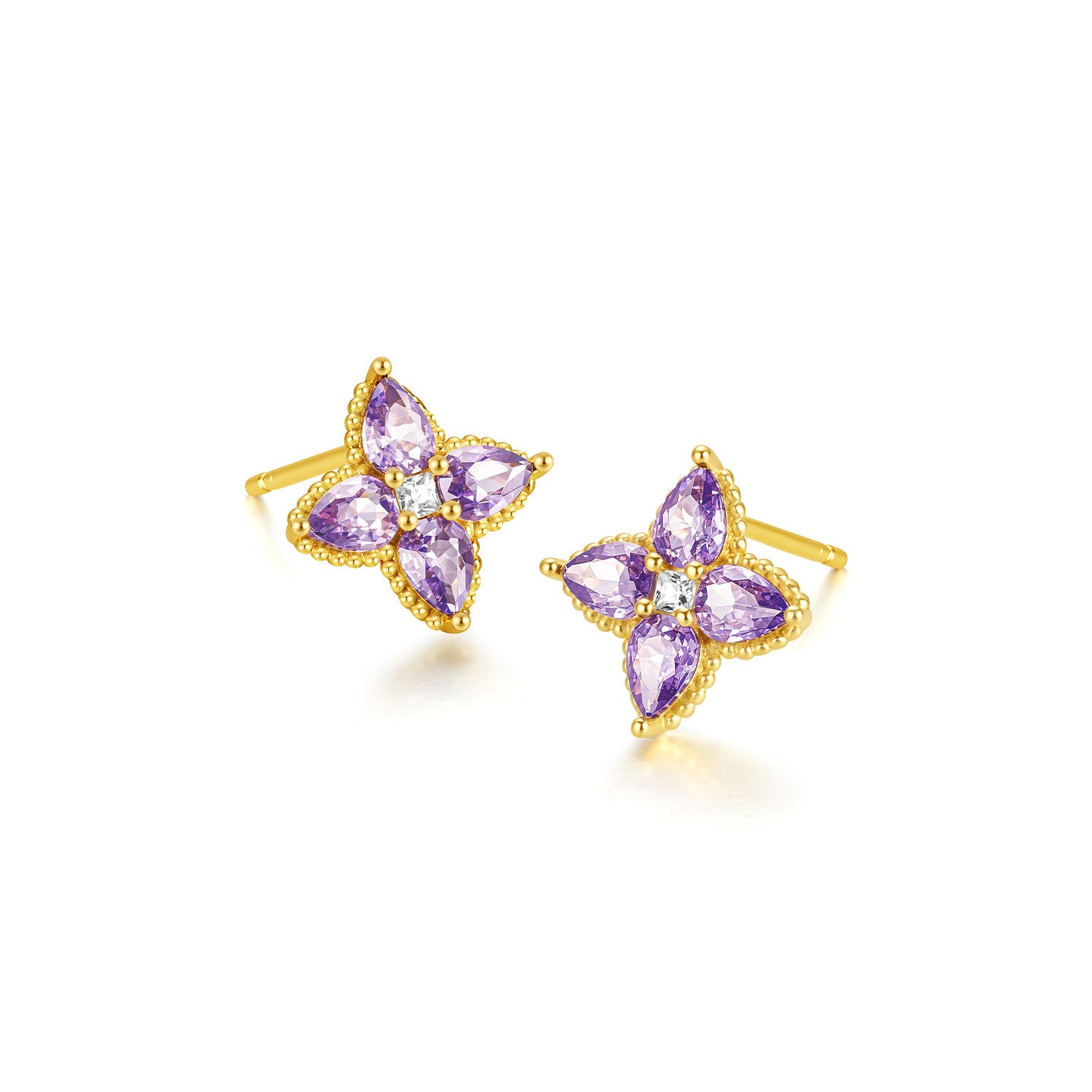 Gold Plated Silver Zircon Purple Lucky Clover Jewelry Set - Necklace & Earrings