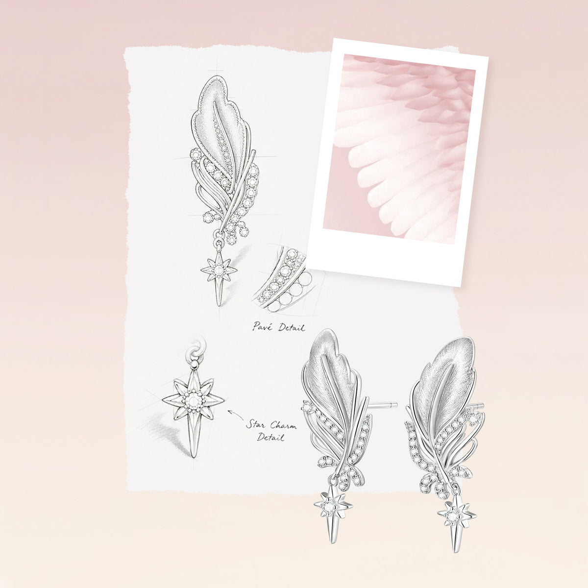 Design sketch and product photo of sterling silver feather earrings showing pave cubic zirconia detail and north star charm drop