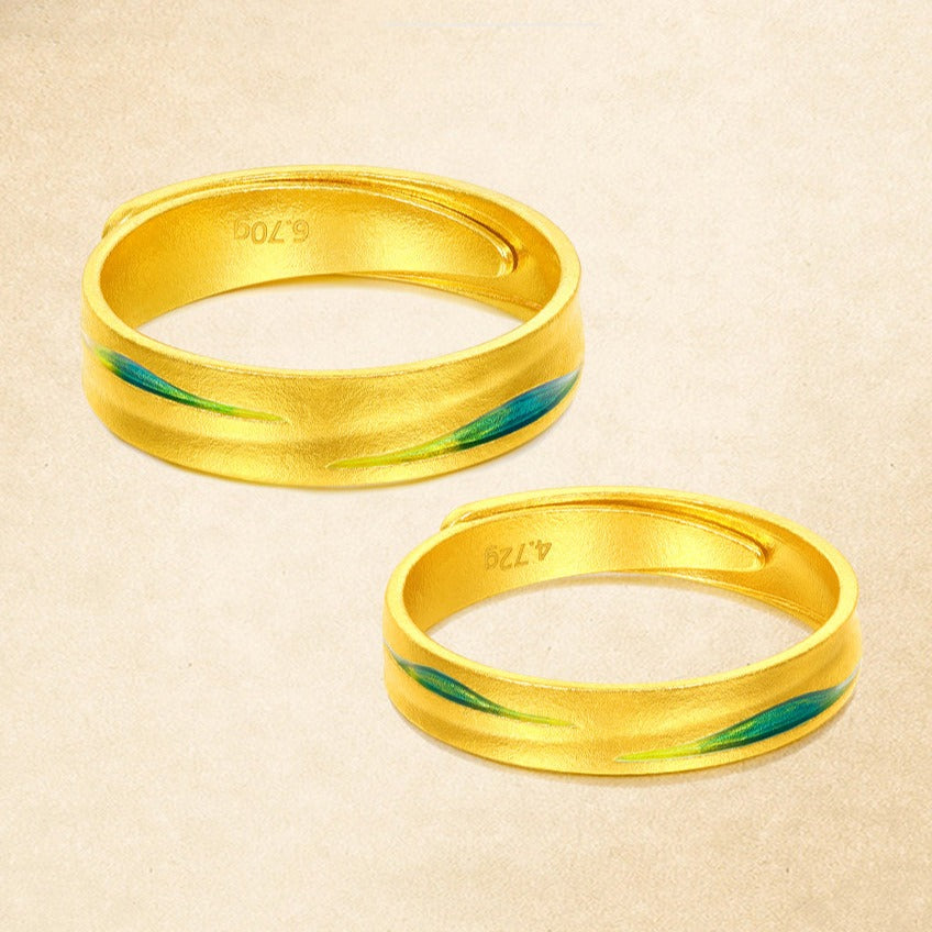 A Grand Panorama of Rivers and Mountains Series 24K Gold Enamel Mountain Ribbon Couple Rings