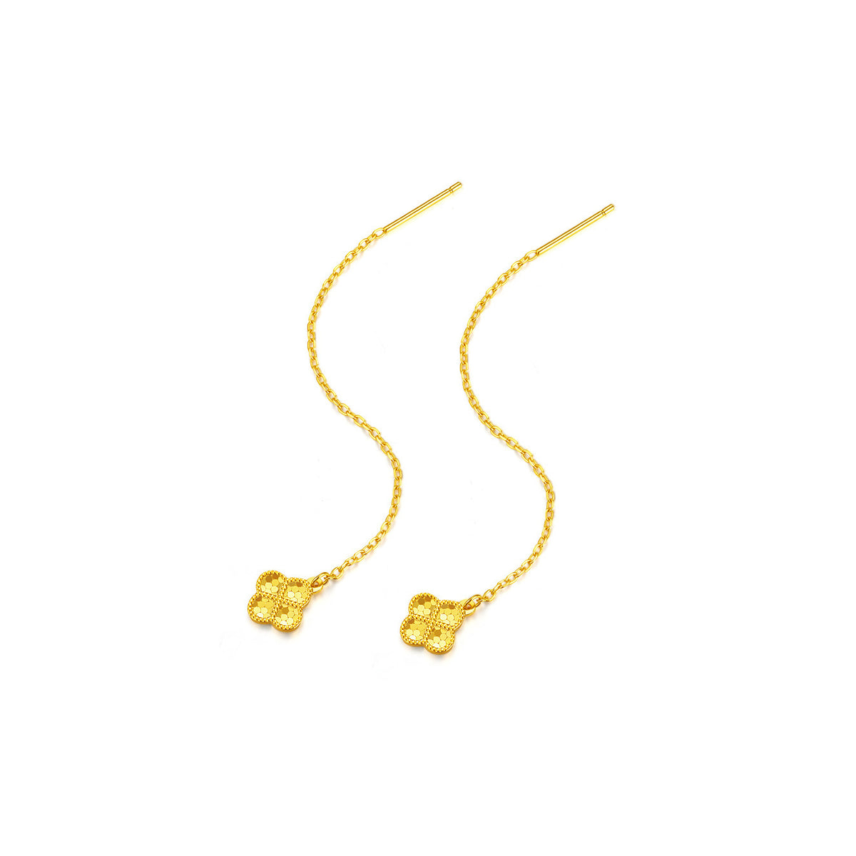 Clover threader earrings laid flat on white, showing the full fine chains, straight posts and metal charms