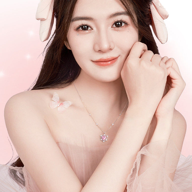 Silver Zircon Pink Blue Heart Necklace