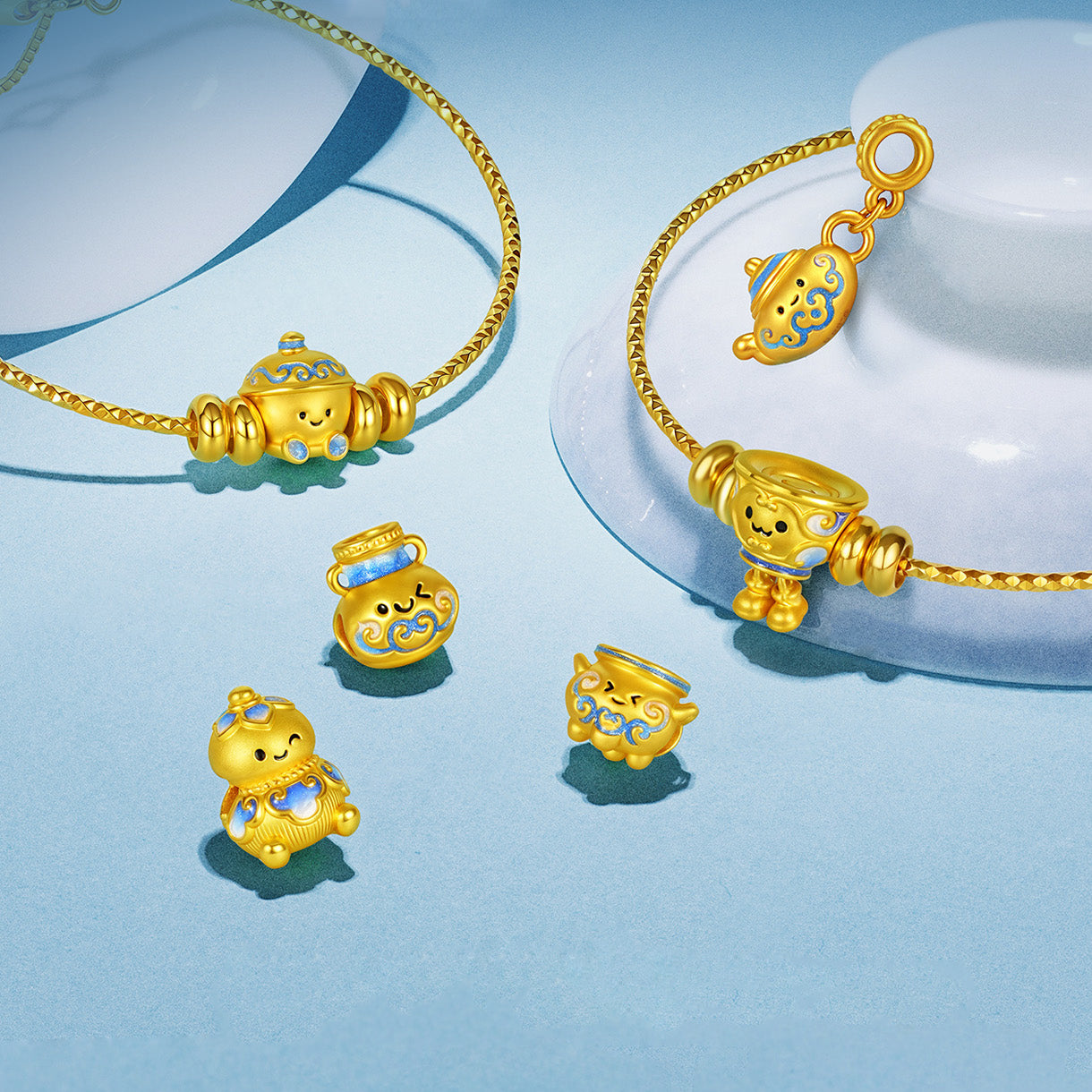 Chinese Cultural Relics Series 24K Gold Luminous Enamel Blue and White Porcelain Charm