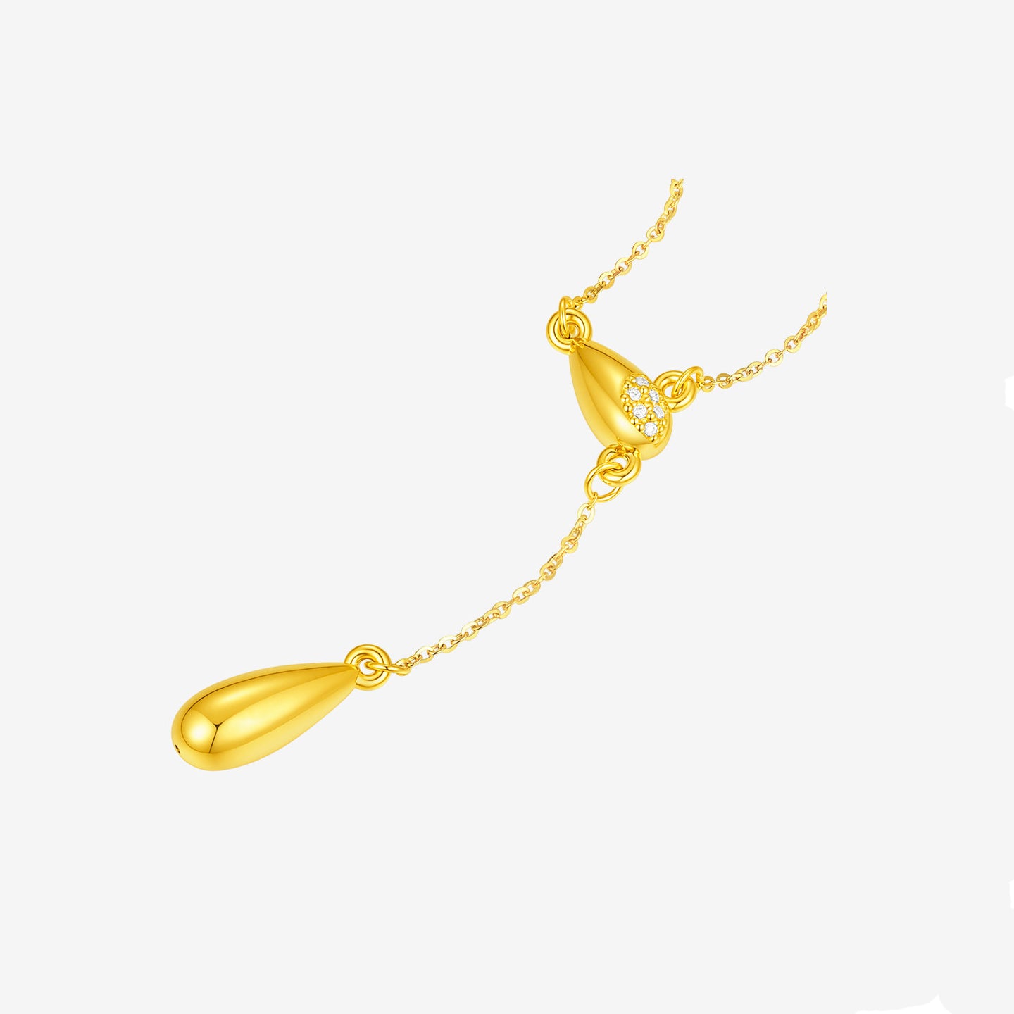ChowTaiSeng 24K gold diamond teardrop Y lariat necklace full view on white background — complete gold cable chain with lobster clasp and 3.5cm extender, dual teardrop Y-pendant at center, showing full chain length of 44+3.5cm