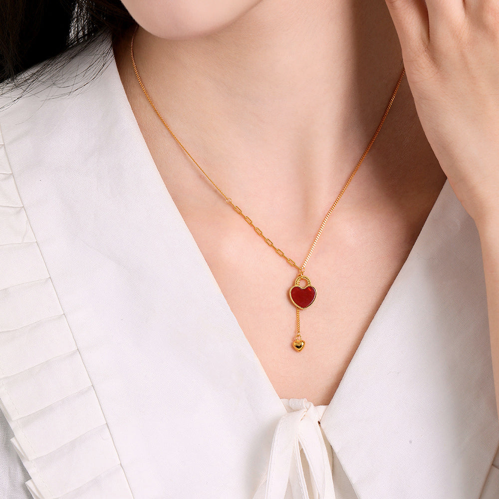 S925 Silver Agate Red Heart Lock Necklace