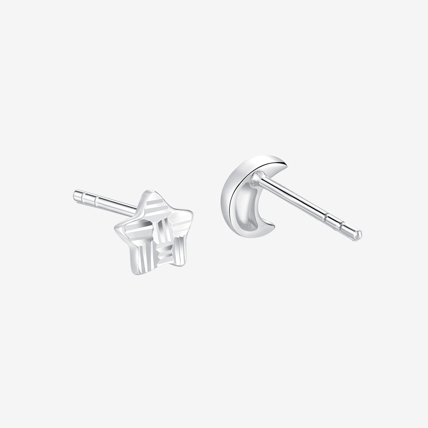 Platinum Star and Moon Asymmetric Stud Earrings