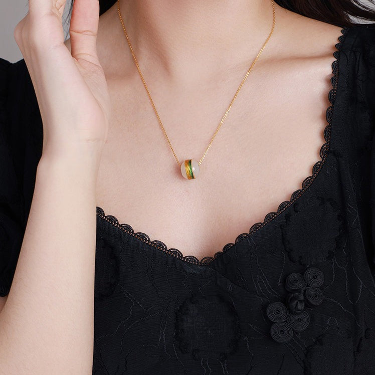 A Grand Panorama of Rivers and Mountains Series 24K Gold Enamel Hetian Jade Bead Necklace