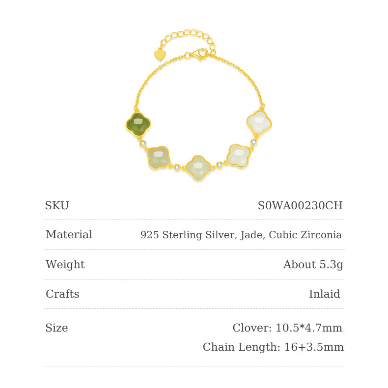 Gold Plated Silver Gradient Color Hetian Jade Clover Bracelet