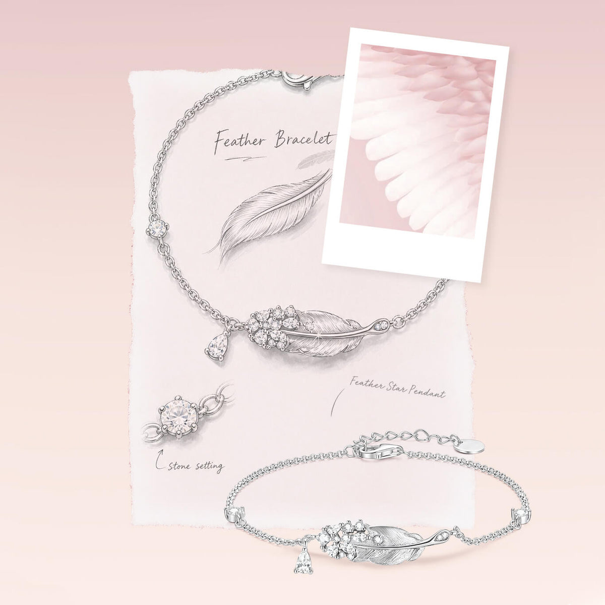 Design sketch and product photos of ChowTaiSeng silver feather bracelet showing feather star pendant and CZ stone setting details