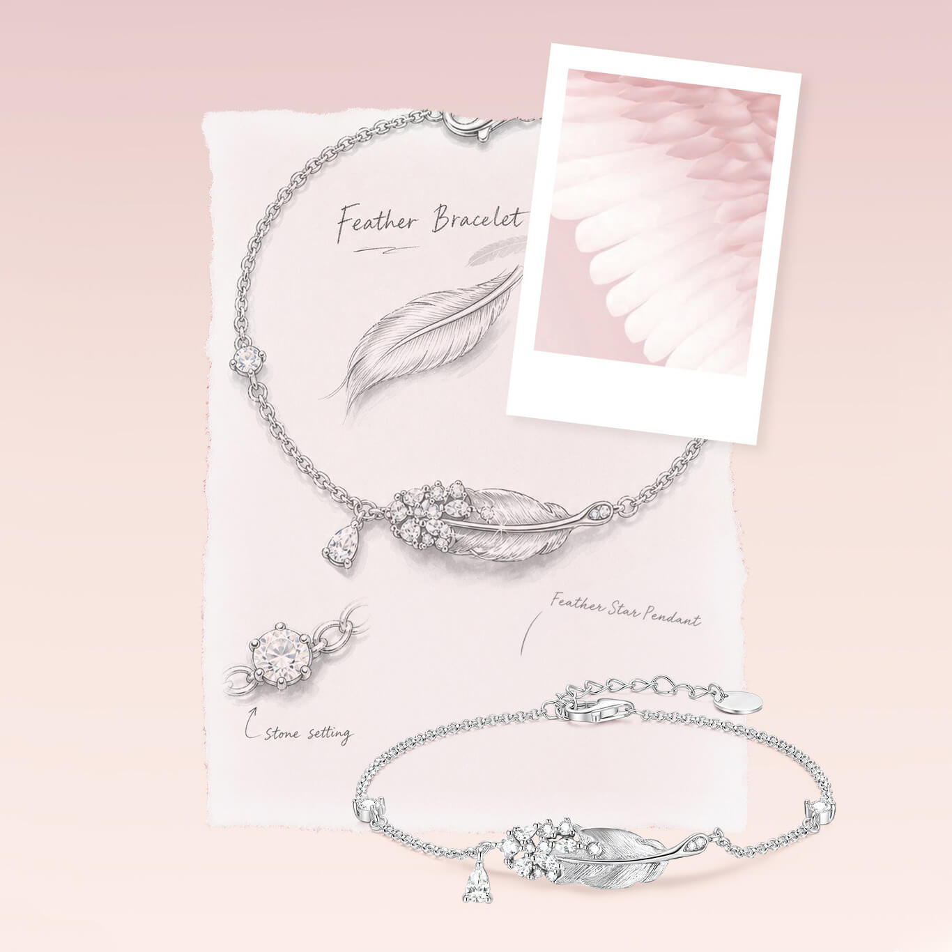 Design sketch and product photos of ChowTaiSeng silver feather bracelet showing feather star pendant and CZ stone setting details