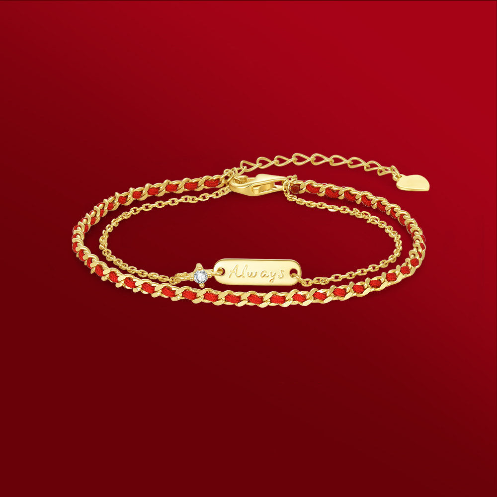 Gold Plated Silver "Always" Love Red String Bracelet