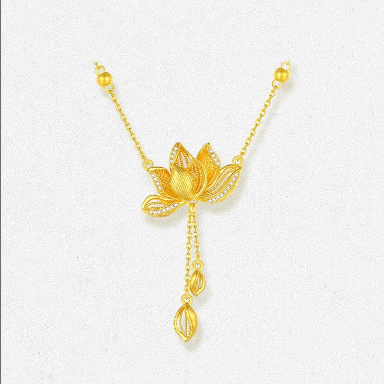 Twelve Flower Gods Series 24K Gold Diamond Lotus Tassel Necklace