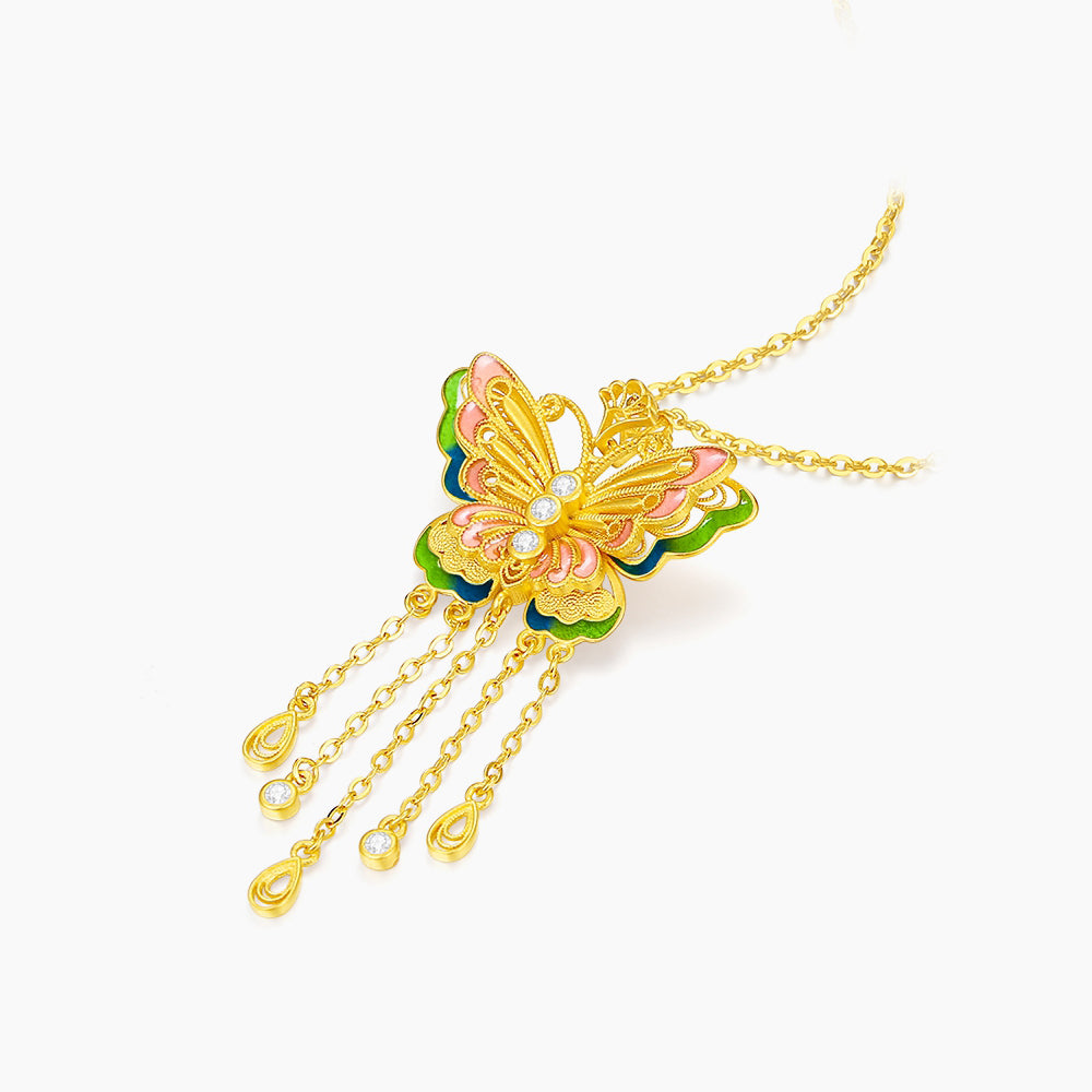 925 Silver Gold Plated Enamel Butterfly Tassel Necklace