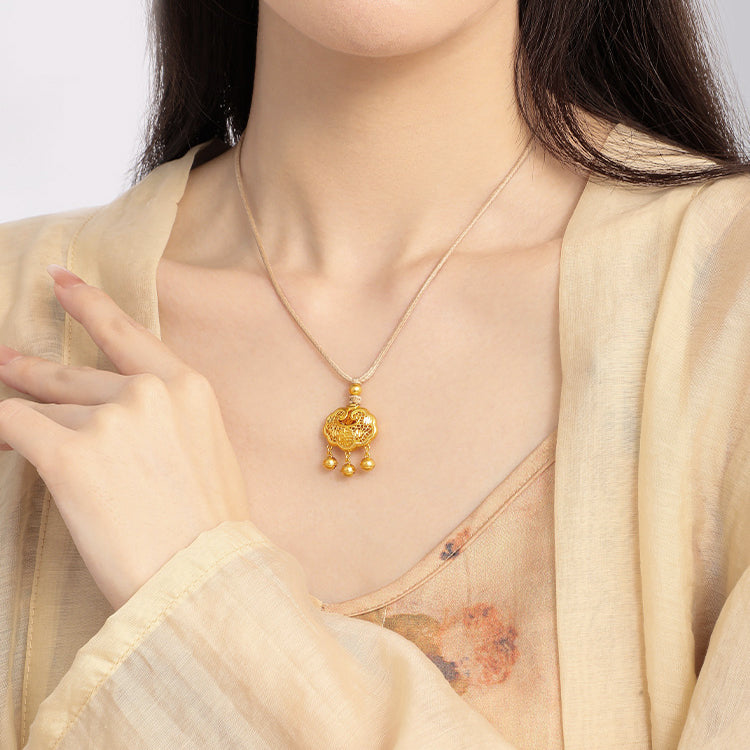 24K Gold Fortune Ruyi Lock and Bells Necklace Pendant