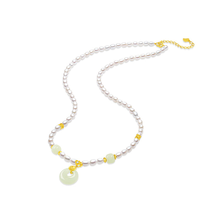 S925 Silver Pearl Hetian Jade Ping An Buckle Necklace
