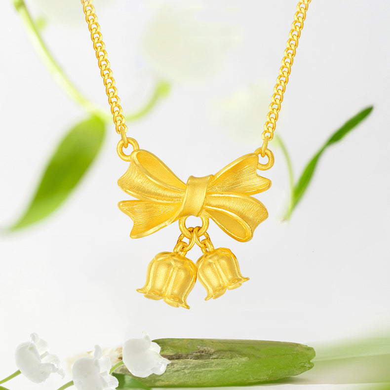 Happy Flower Wedding Series 24K Gold Bow Knot Lily of the Valley Flower Necklace