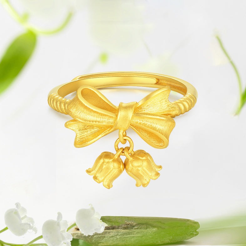 24K Gold Bow Knot Lily of the Valley Flower Ring