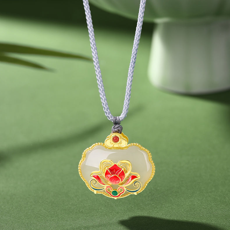 S925 Silver Peony Ruyi Pingan Lock Hetian Jade Pendant Necklace