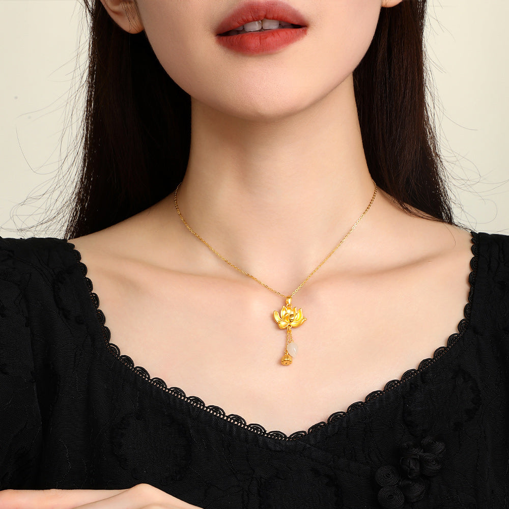 24K Gold Hetian Jade Lotus Necklade Pendent