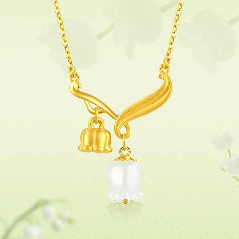 24K Gold Jade Happy Lily of the Valley Necklace Earrings Jewelry Set