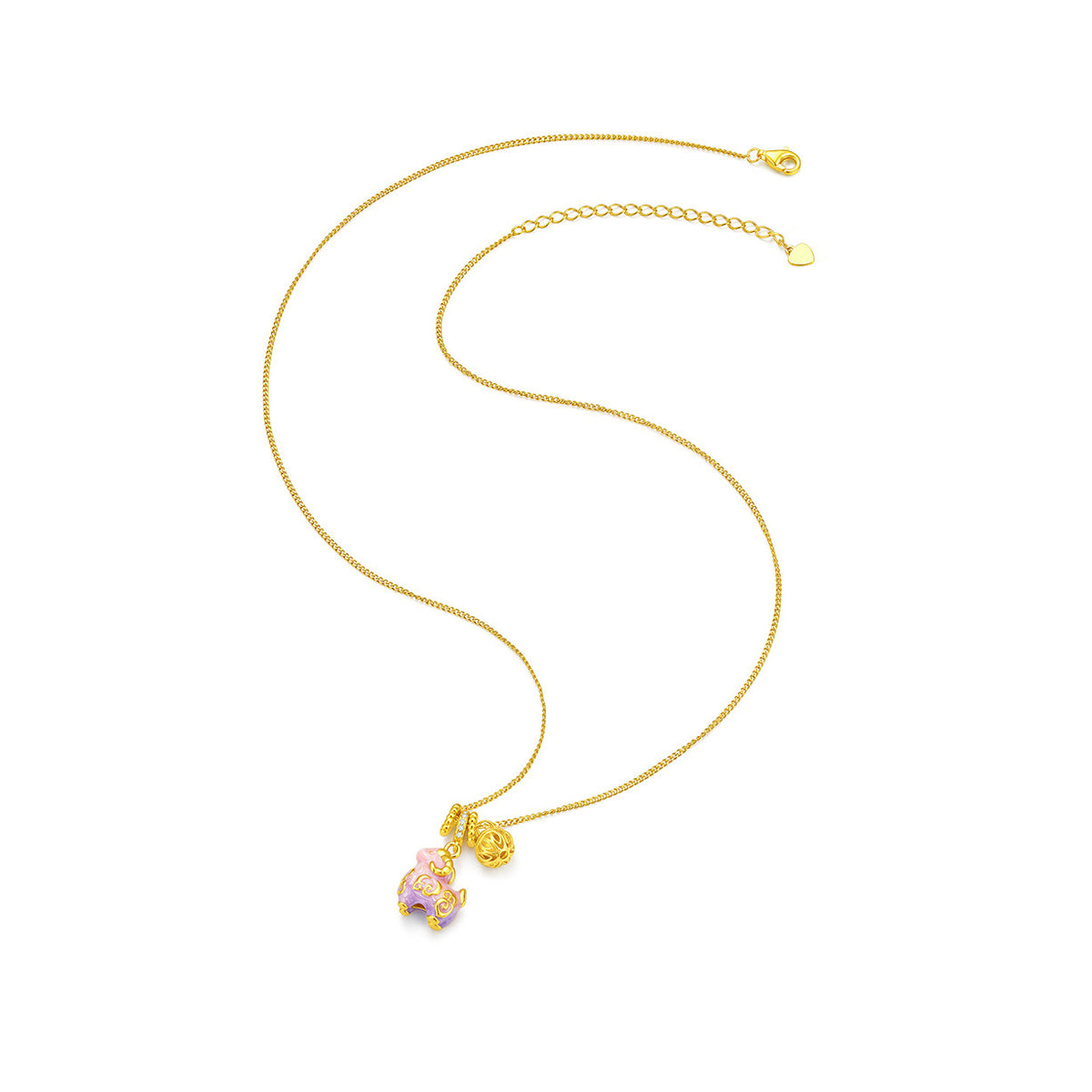 Gold-plated silver enamel sheep necklace laid flat, showing the lobster clasp, extender and logo tag
