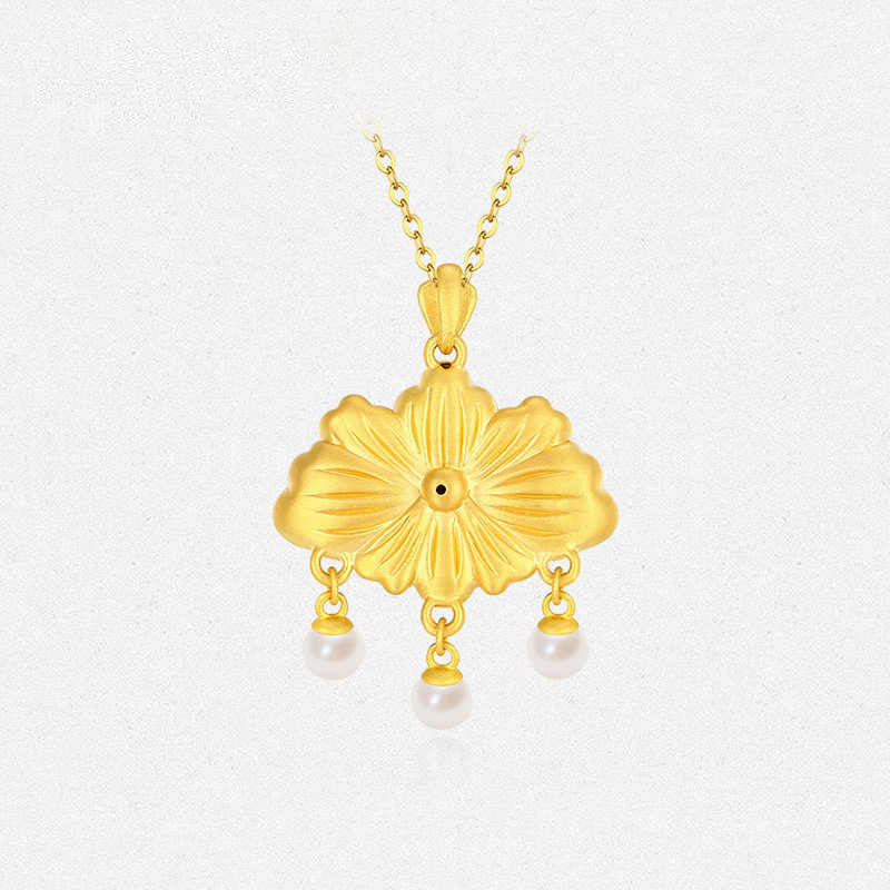 Twelve Gods of Flowers Series 24K Gold Pearl Peony Flower Lock Necklace Pendant