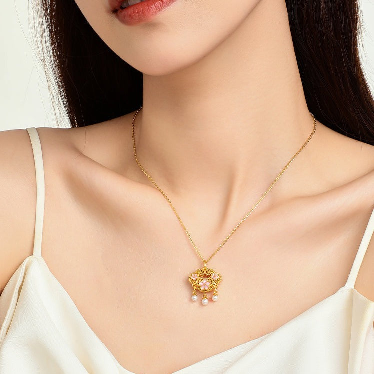 24K Gold Pearl Peach Blossom Ruyi Lock Pendant