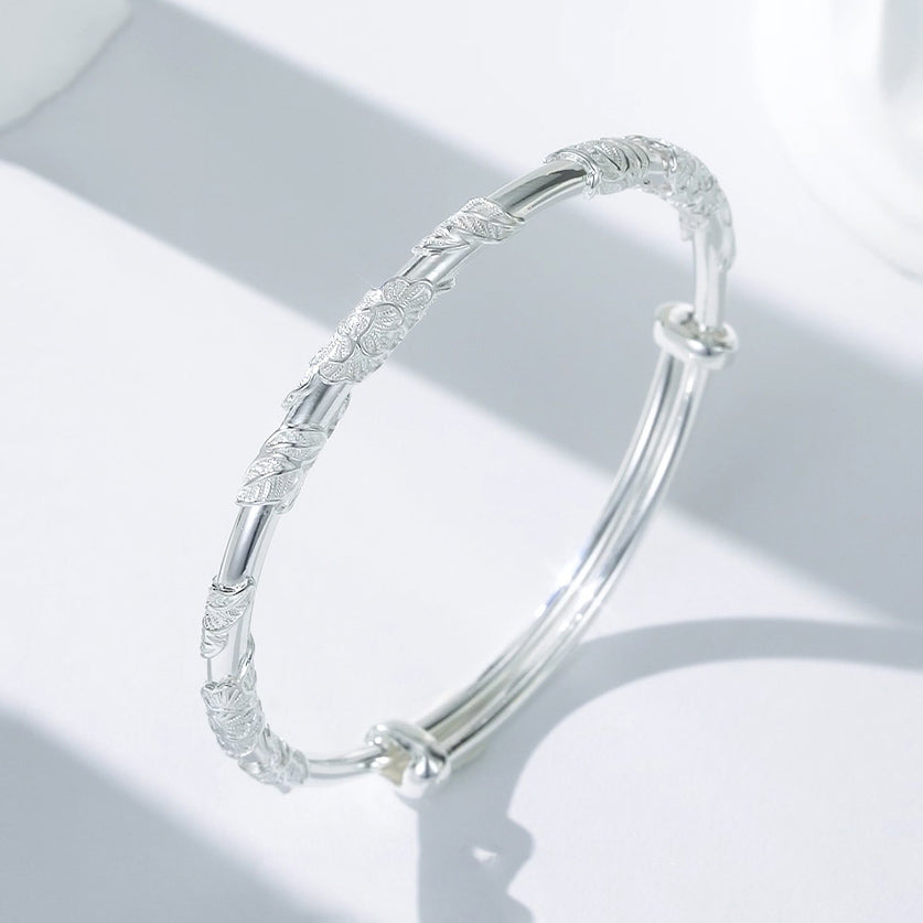 S990 Silver Flower Leaf Vine Adjustable Bangle