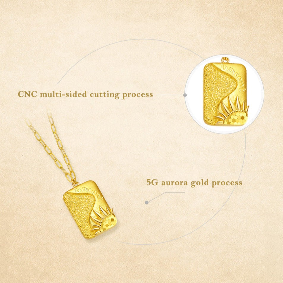 Blazing Van Gogh Series 24K Gold Sunflower Square Tag Necklace