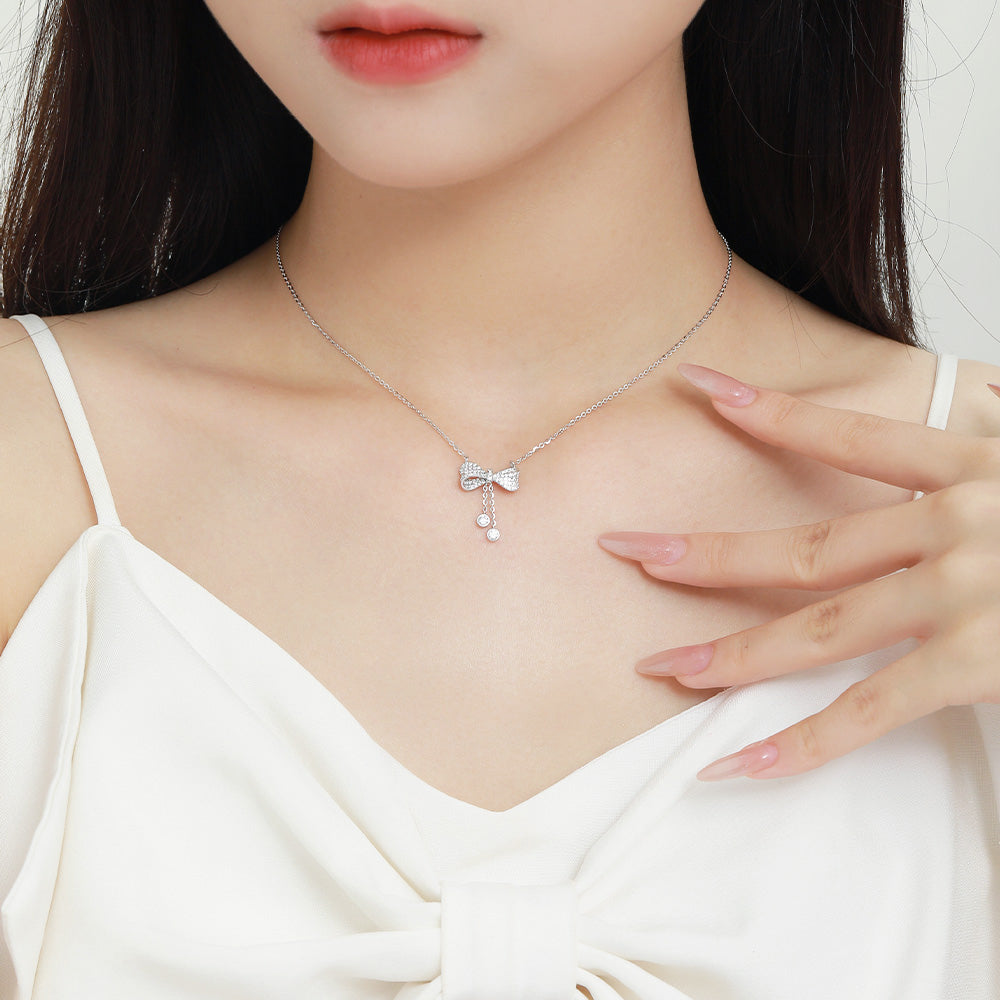 S925 Silver Zircon Sweet Bow Knot Necklace