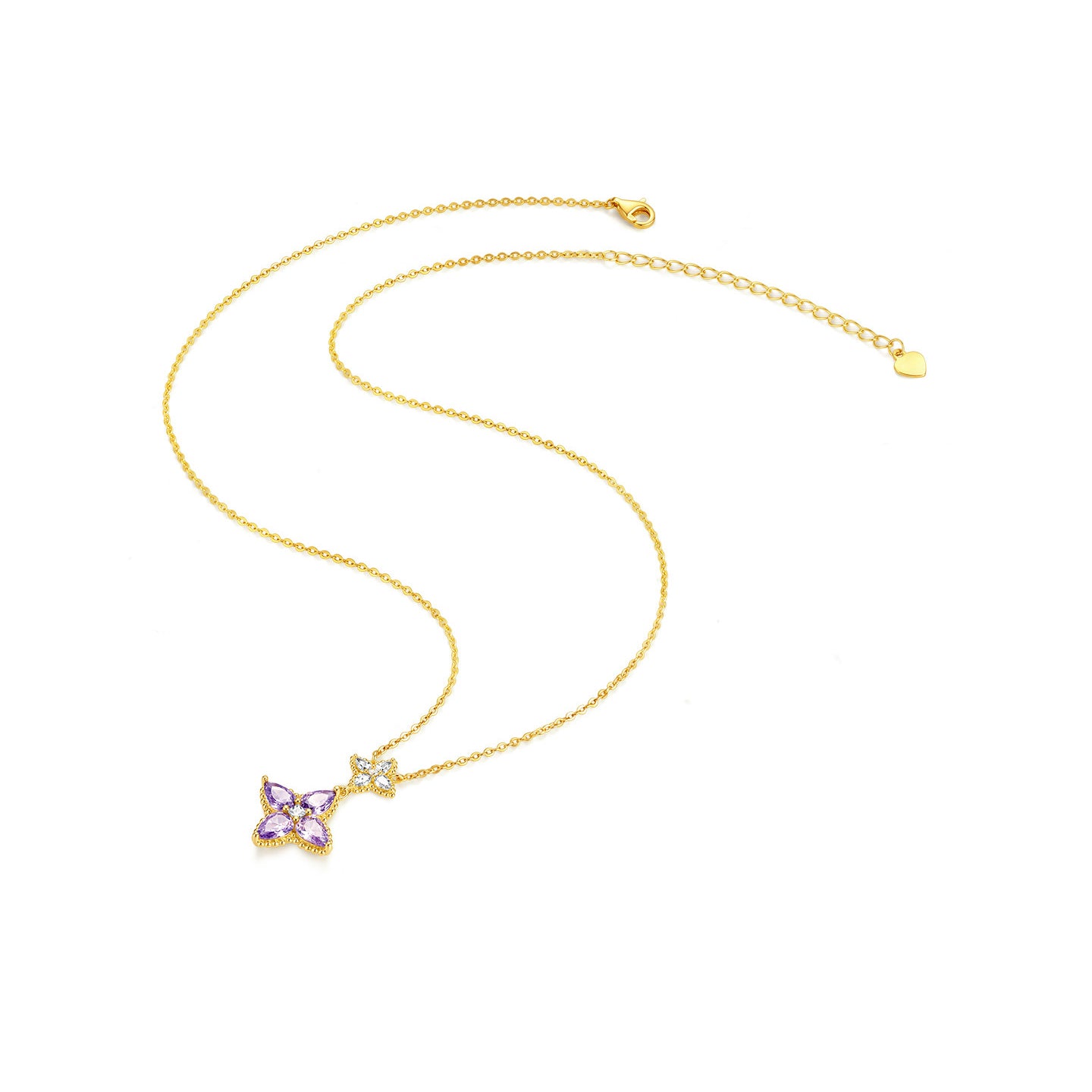 Gold Plated Silver Zircon Purple Lucky Clover Jewelry Set - Necklace & Earrings