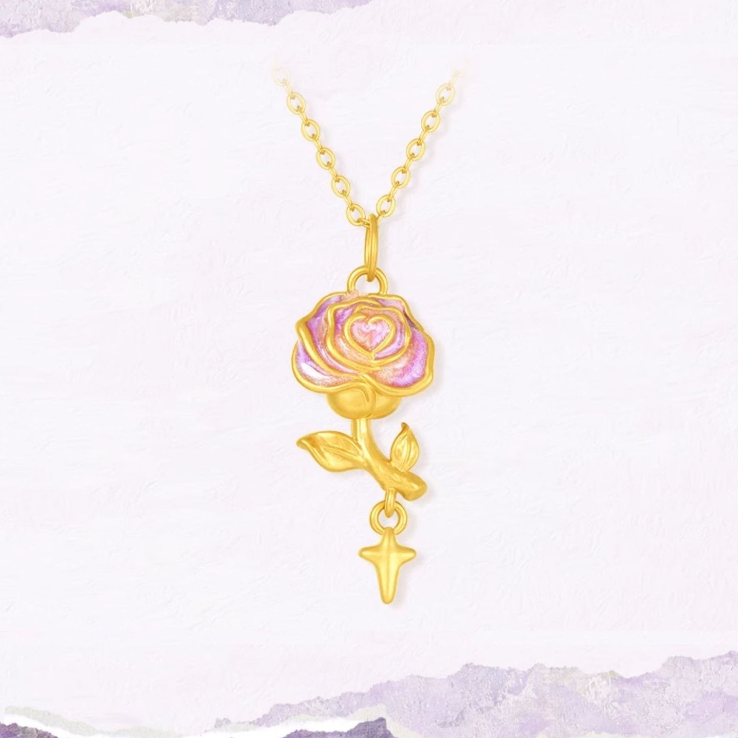 Monet Garden Series 24K Gold Purple Rose Romantic Necklace Pendant