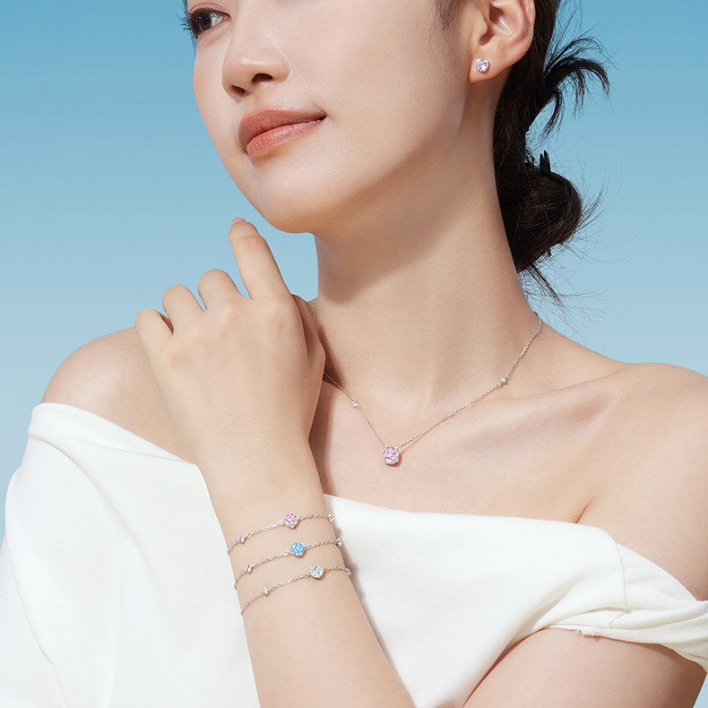 Silver Zircon Colored Rose Solitaire Bezel Bracelet