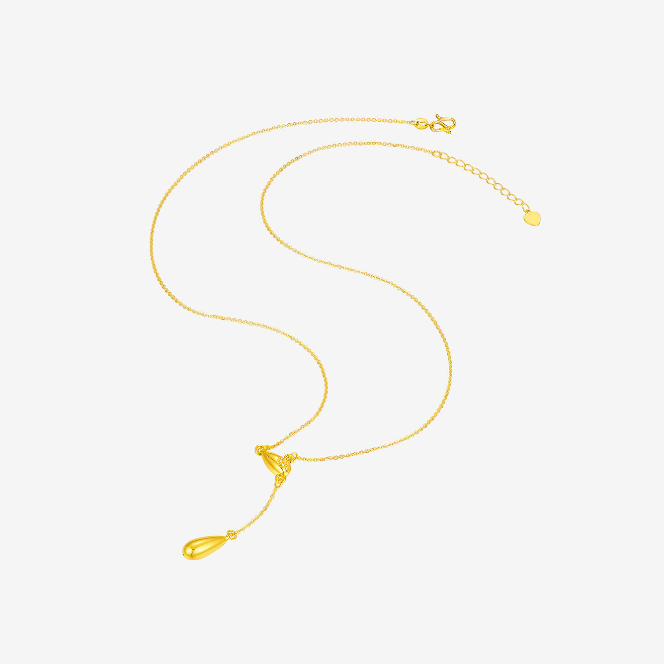 ChowTaiSeng 24K gold diamond teardrop Y lariat necklace full view on white background — complete gold cable chain with lobster clasp and 3.5cm extender, dual teardrop Y-pendant at center, showing full chain length of 44+3.5cm