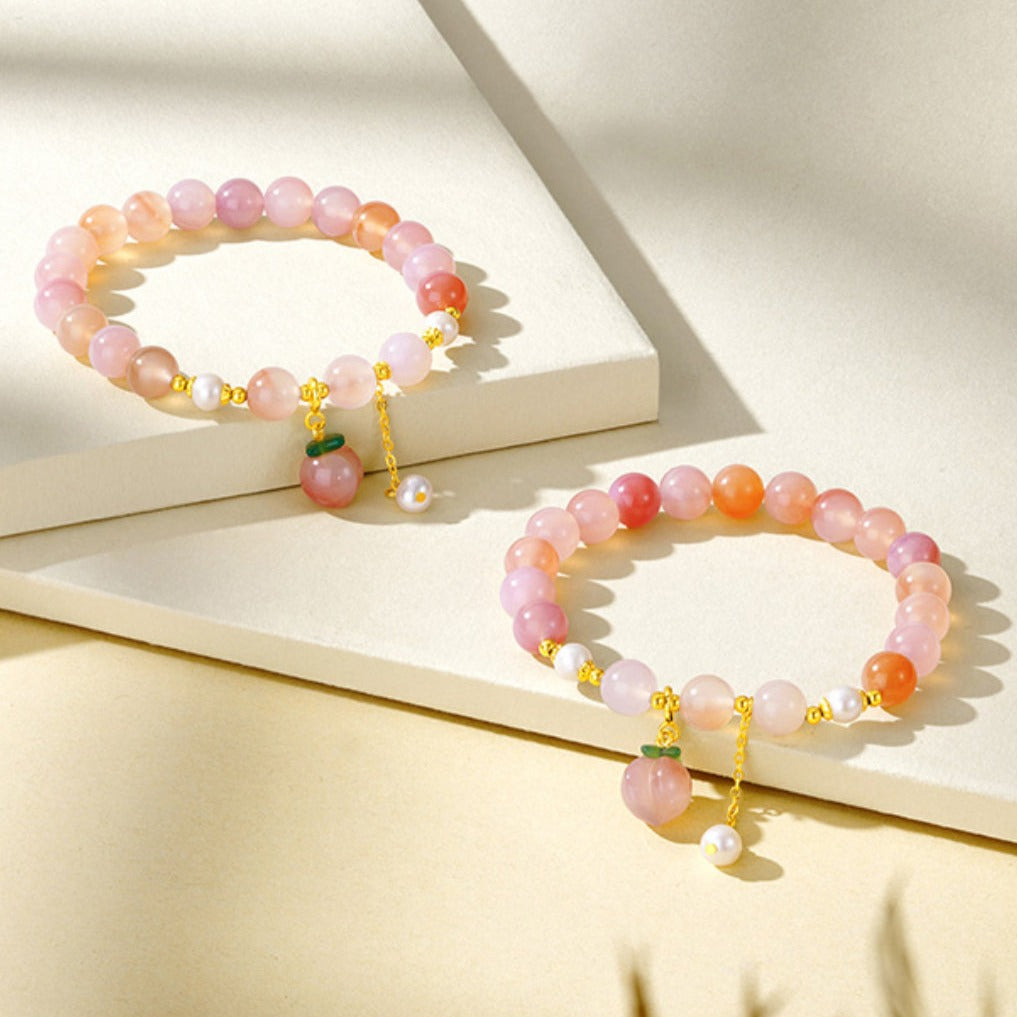 925 Silver Pearl Agate Pink Peach Beaded Bracelet