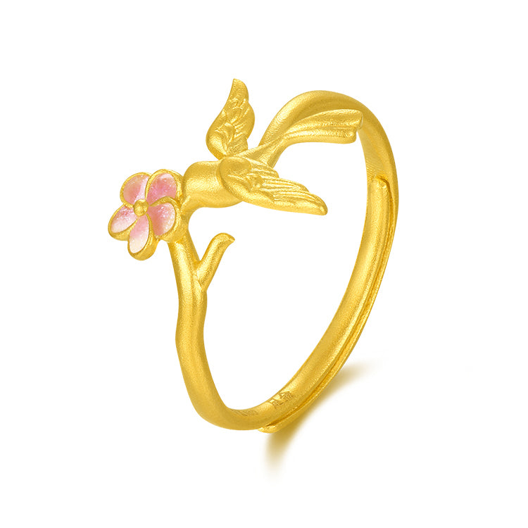 Twelve Gods of Flowers Series 24K Gold Enamel Magpie and Plum Blossom Ring