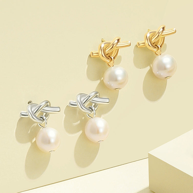 S925 Silver Pearl Knot Earrings