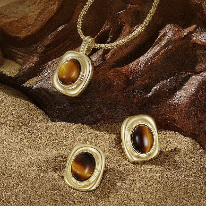 S925 Silver Alloy Tiger Eye Stone Simple Style Neckalce Earrings Jewelry Set