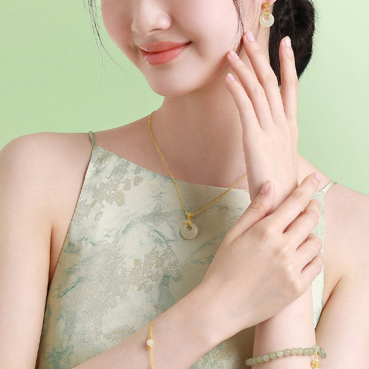 Gold Plated Silver Hetian Jade Blessing Ping An Buckle Necklace