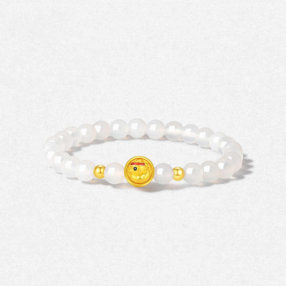 24K Gold Rotatable Cheering Duck Charm White Chalcedony Beaded Bracelet