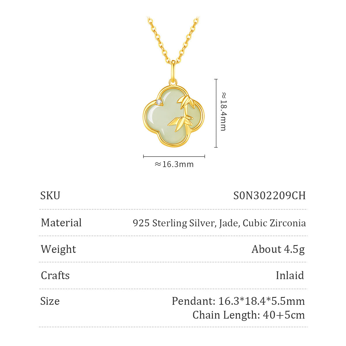 Gold Plated Silver Hetian Jade Bamboo Clover Necklace
