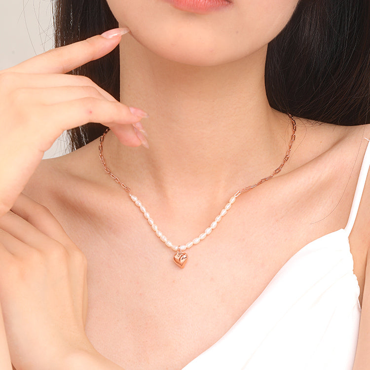 [Pre-sale] S925 Silver Pearl Rose Gold Heart Necklace