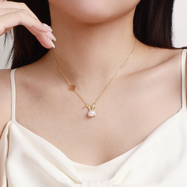 925 Silver Pearl Happy Rabbit Necklace