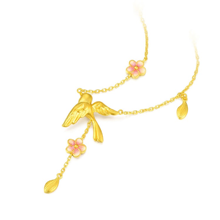 Twelve Gods of Flowers Series 24K Gold Enamel Magpie and Plum Blossom Y Necklace