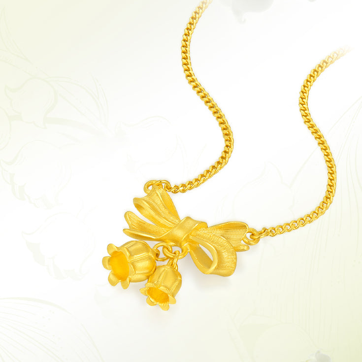 Happy Flower Wedding Series 24K Gold Bow Knot Lily of the Valley Flower Necklace