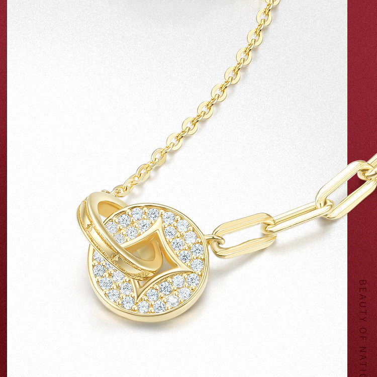 S925 Silver Zircon Golden Coin Interlocking Necklace