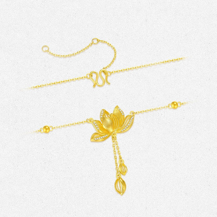 Twelve Flower Gods Series 24K Gold Diamond Lotus Tassel Necklace