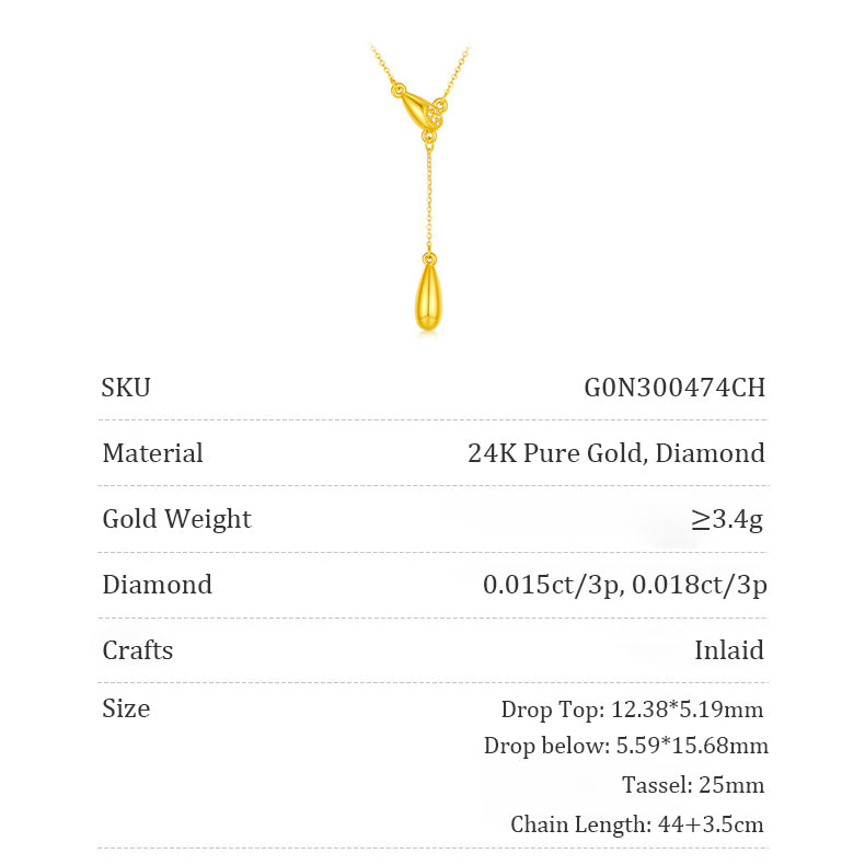 Product specification infographic for ChowTaiSeng 24K gold diamond teardrop Y necklace: SKU G0N300474CH, 24K pure gold and diamond, gold weight ≥3.4g, diamonds 0.015ct×3 and 0.018ct×3 inlaid, drop top 12.38×5.19mm, drop bottom 5.59×15.68mm, tassel 25mm, chain 44+3.5cm