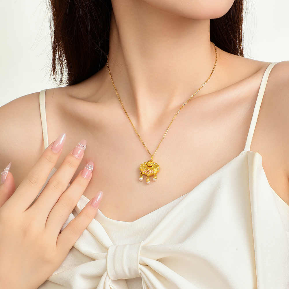 24K Gold Pearl Peony Ruyi Lock Necklace Pendant