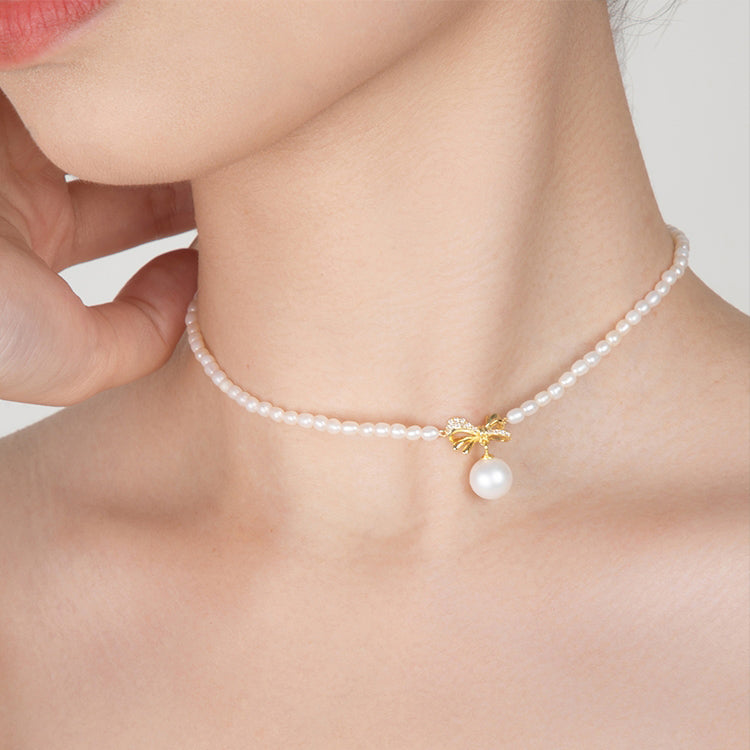 S925 Silver Pearl Golden Bow Knot Choker Necklace