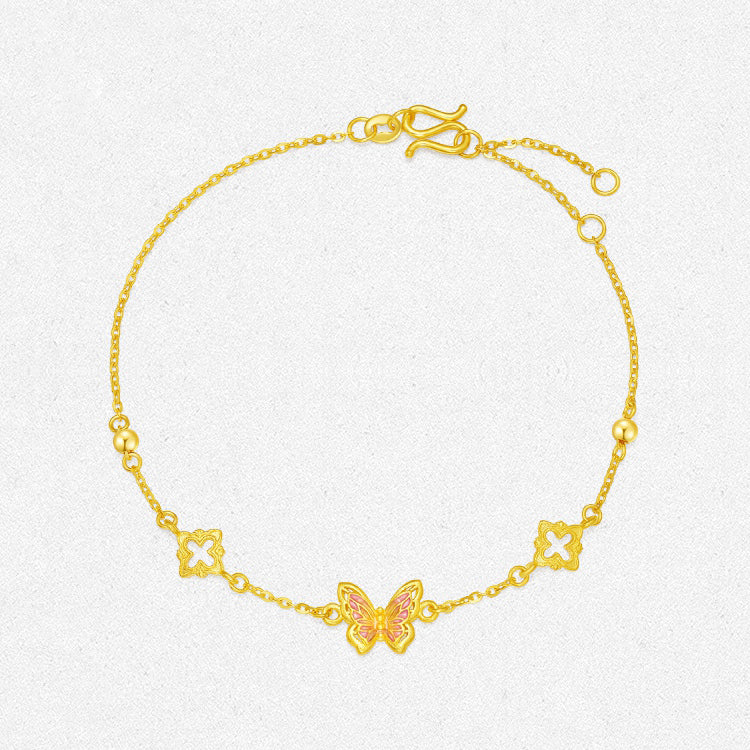 24K Gold Enamel Pink Butterfly and Clover O-chain Bracelet